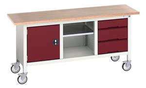 16923220.** verso mobile storage bench (mpx) with cupboard / mid shelf / 3 drawer cab. WxDxH: 1750x600x830mm. RAL 7035/5010 or selected